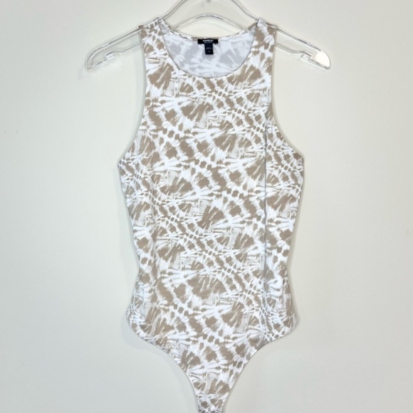 Express Tops - Express White Beige Tie Dye Print High Neck Thong Bodysuit Size M